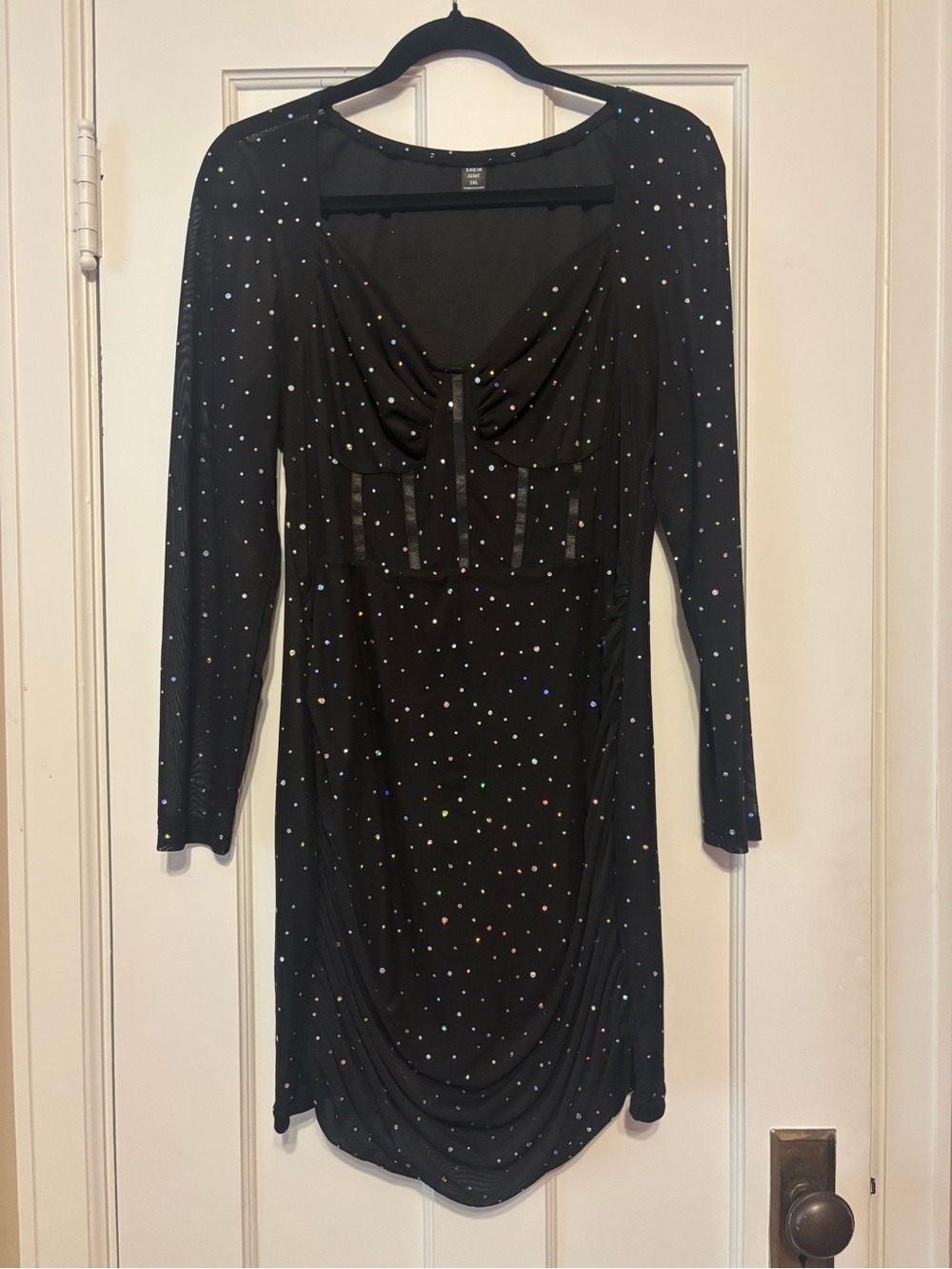 Womens plus size 1x Black Long-Sleeve Rhinestone Bodycon Dress SHEIN curve